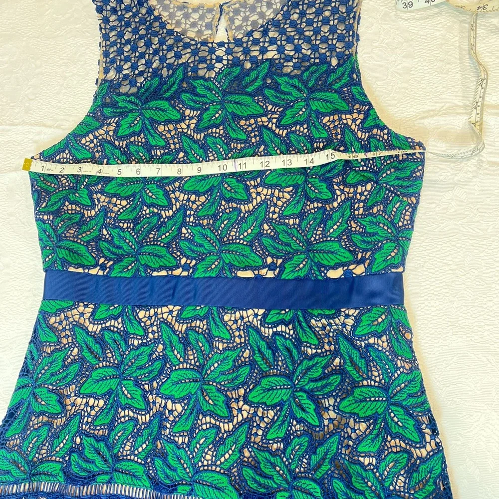Badgley Mischka Green and Blue Floral Lace Mini Dress Sz.14 NWT - Picture 3 of 6